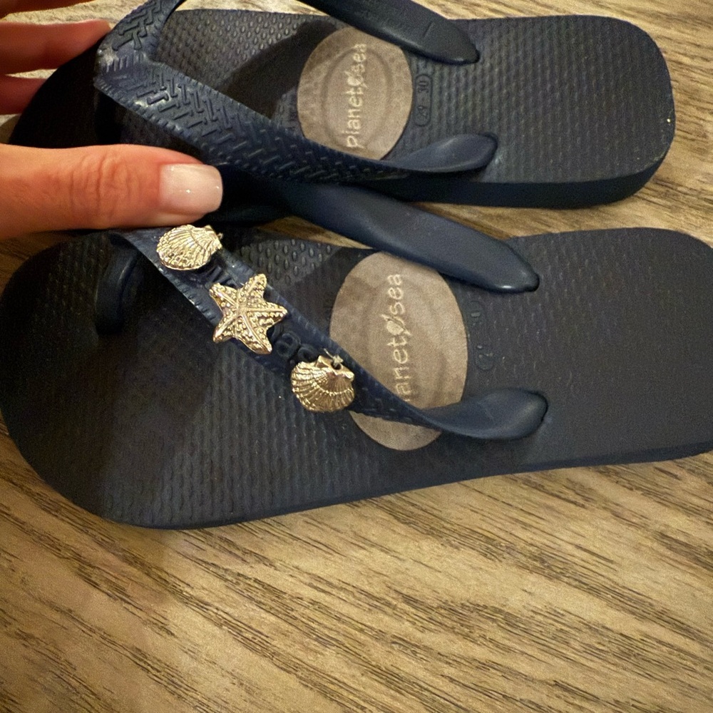 Navy Flip Flops with Gold Accents